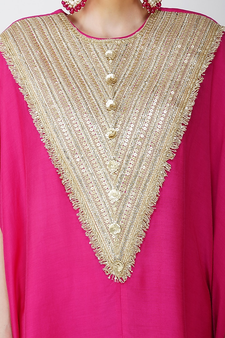 Fuchsia Pink Banarasi Silk Embroidered Kaftan Set by Kovet at Pernia's Pop Up Shop