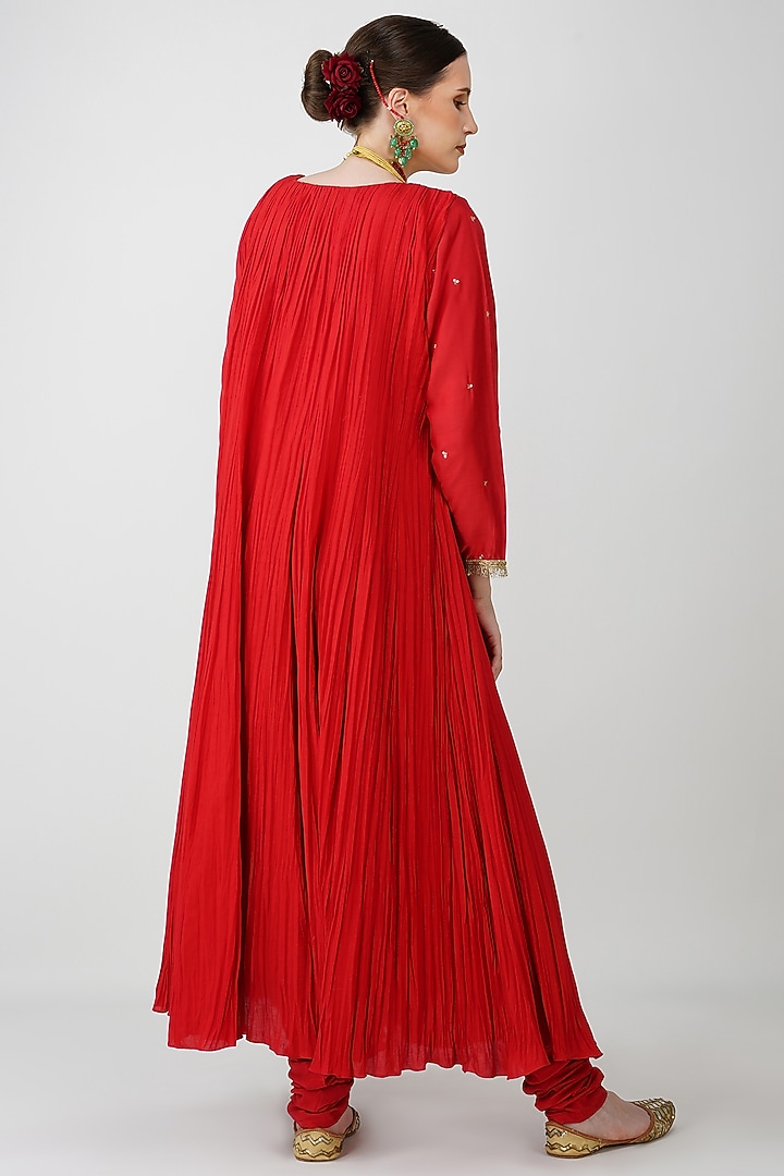 Red Banarasi Silk & Organza Embroidered Crinkled Party Wear Anarkali Set by Kovet at Pernia's Pop Up Shop