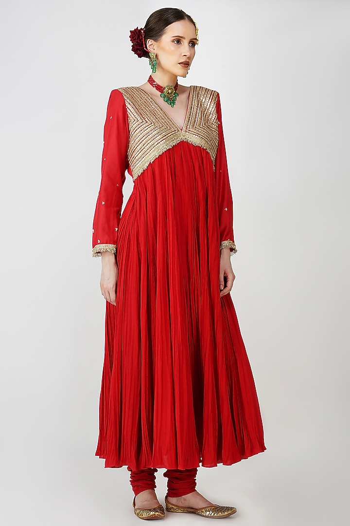 Red Banarasi Silk & Organza Embroidered Crinkled Party Wear Anarkali Set by Kovet at Pernia's Pop Up Shop