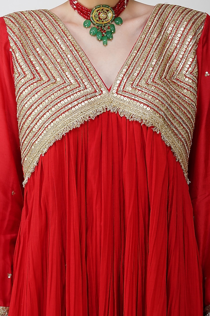 Red Banarasi Silk & Organza Embroidered Crinkled Party Wear Anarkali Set by Kovet at Pernia's Pop Up Shop