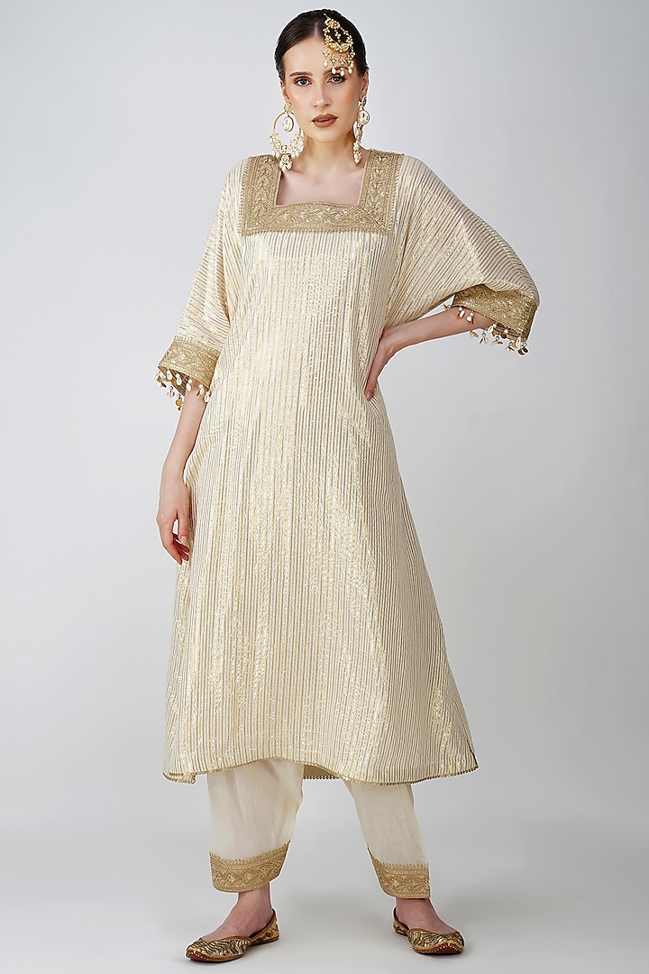 Beige-White & Gold Banarasi Jacquard Embroidered Kurta Set by Kovet at Pernia's Pop Up Shop