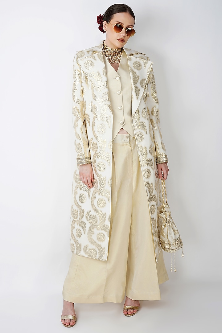 Beige-White & Gold Cotton Jacquard Embroidered Jacket Set by Kovet at Pernia's Pop Up Shop