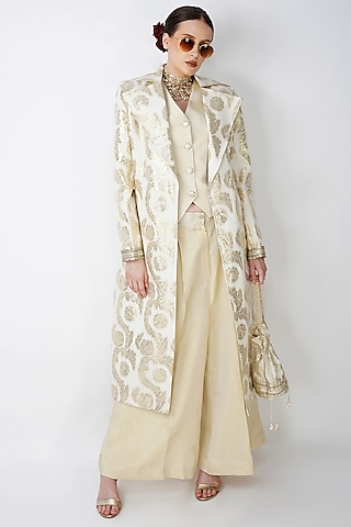 Beige-White & Gold Cotton Jacquard Embroidered Jacket Set by Kovet
