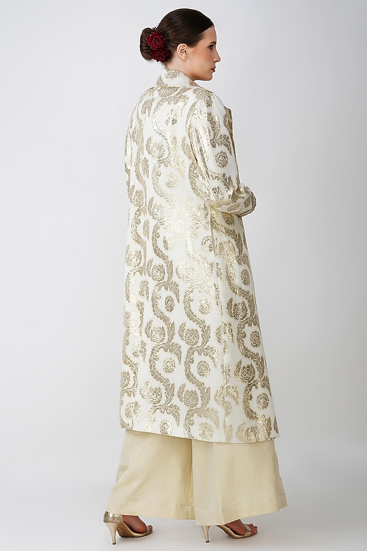 Beige-White & Gold Cotton Jacquard Embroidered Jacket Set by Kovet at Pernia's Pop Up Shop