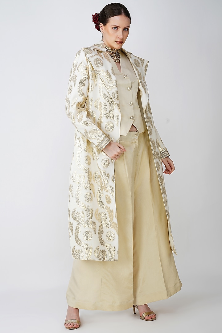 Beige-White & Gold Cotton Jacquard Embroidered Jacket Set by Kovet at Pernia's Pop Up Shop