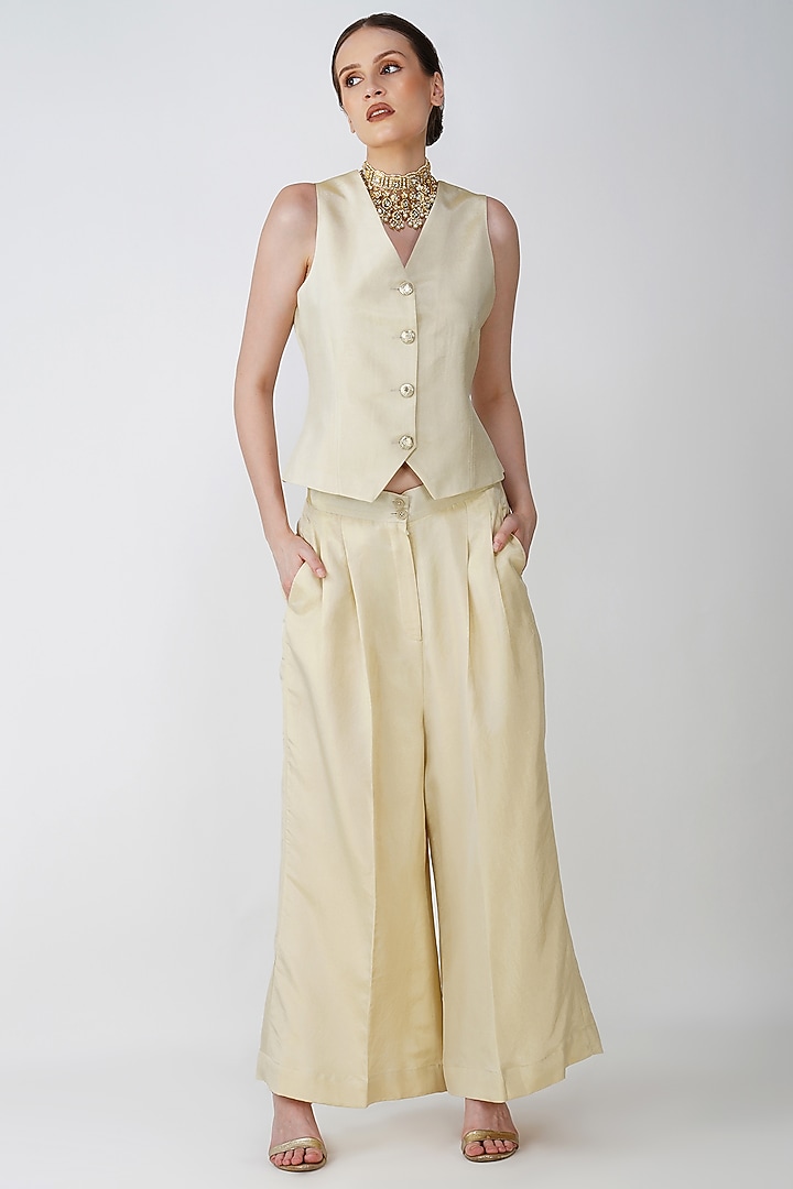 Beige-White & Gold Cotton Jacquard Embroidered Jacket Set by Kovet at Pernia's Pop Up Shop