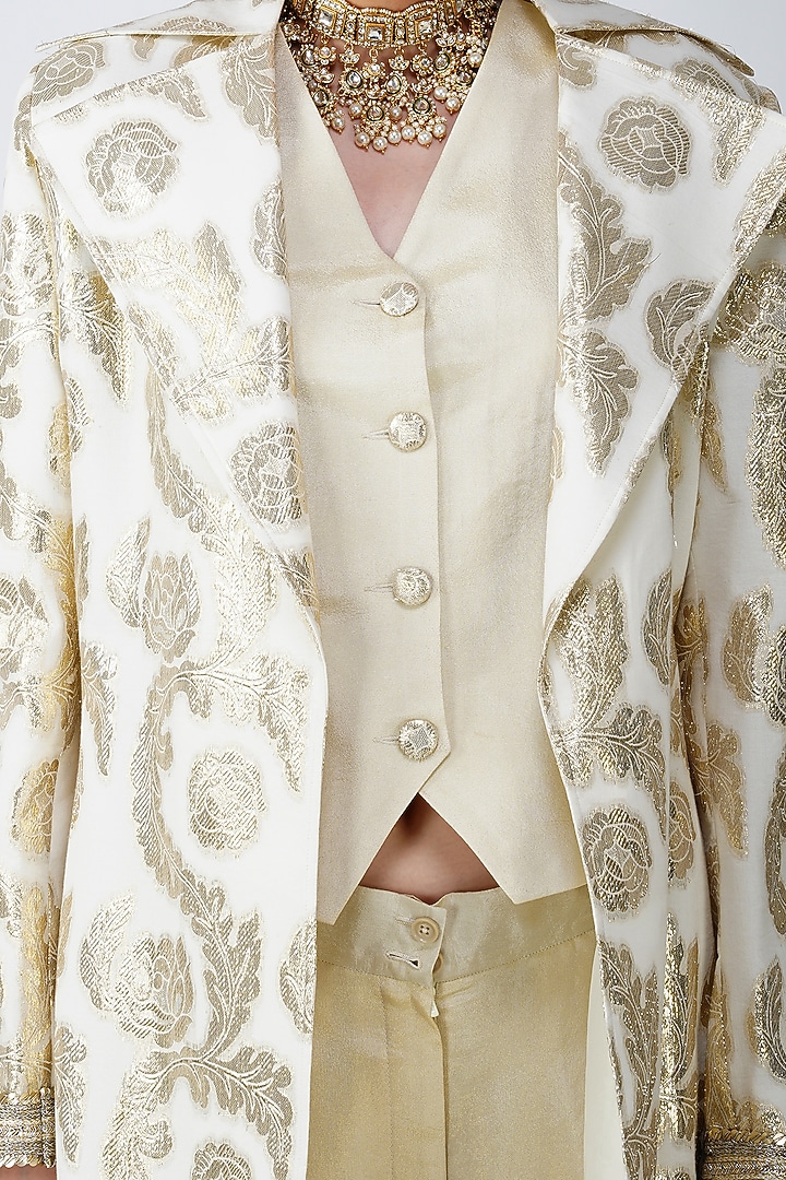 Beige-White & Gold Cotton Jacquard Embroidered Jacket Set by Kovet at Pernia's Pop Up Shop