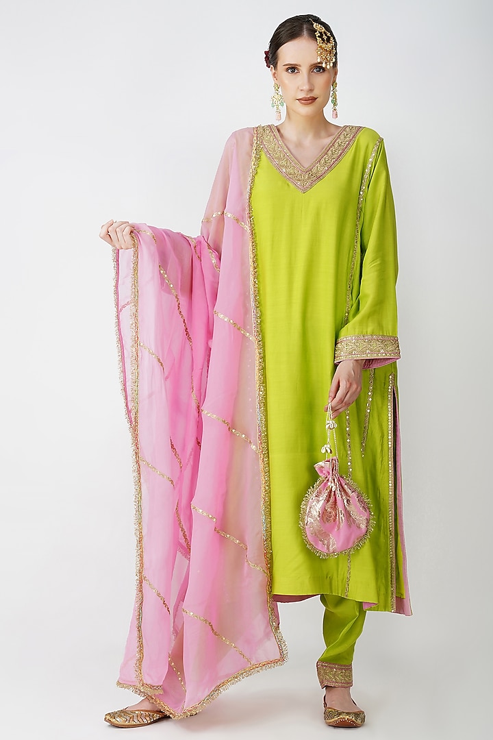 Lime Green Banarasi Silk Embroidered Kurta Set by Kovet at Pernia's Pop Up Shop