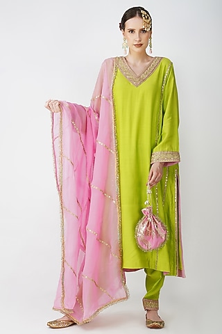 Lime Green Banarasi Silk Embroidered Kurta Set by Kovet
