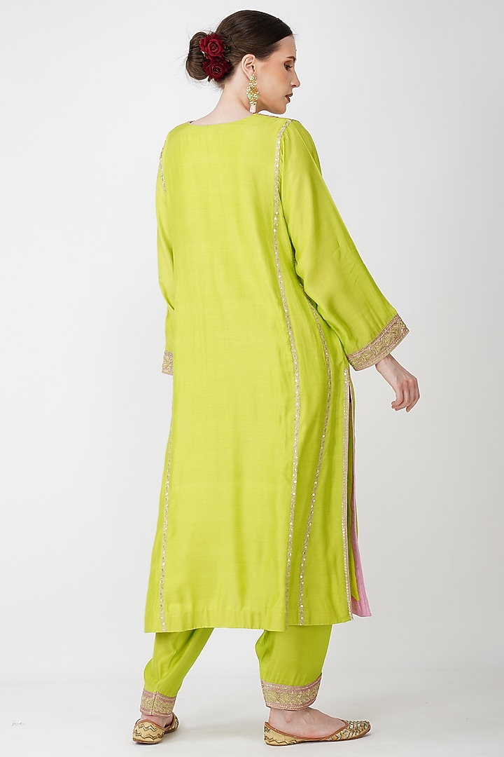 Lime Green Banarasi Silk Embroidered Kurta Set by Kovet at Pernia's Pop Up Shop