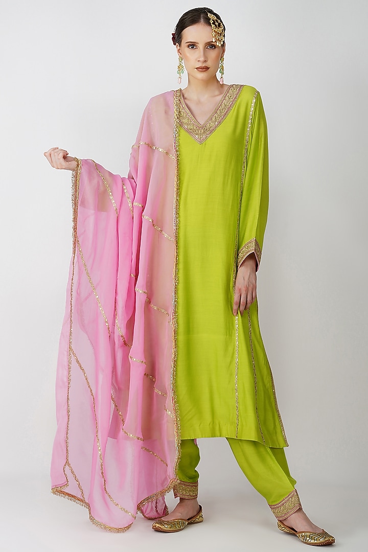Lime Green Banarasi Silk Embroidered Kurta Set by Kovet at Pernia's Pop Up Shop