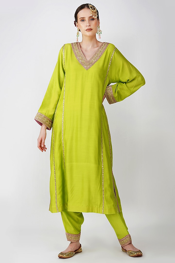Lime Green Banarasi Silk Embroidered Kurta Set by Kovet at Pernia's Pop Up Shop