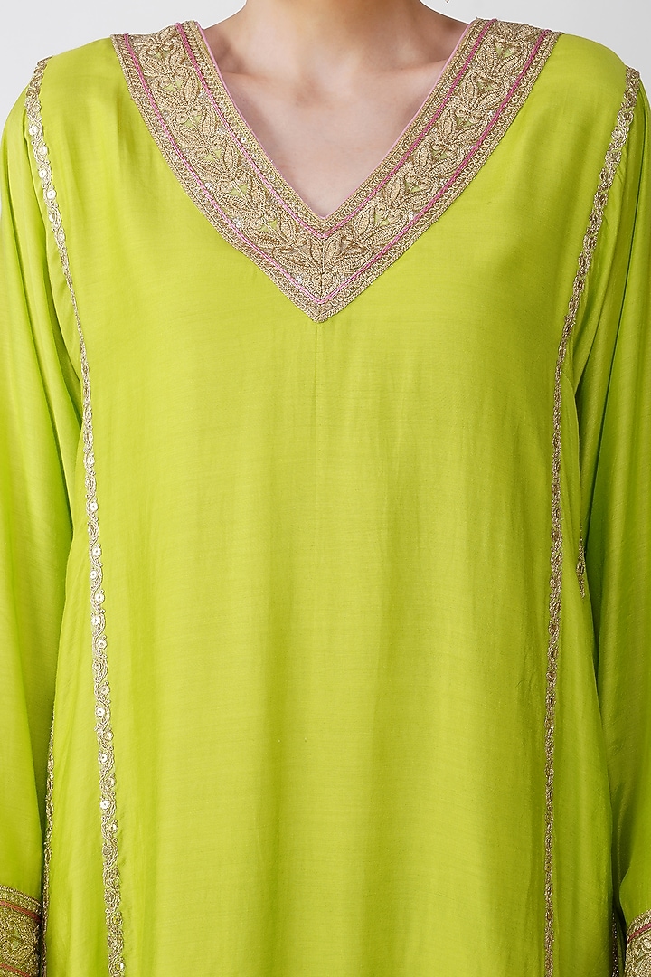 Lime Green Banarasi Silk Embroidered Kurta Set by Kovet at Pernia's Pop Up Shop