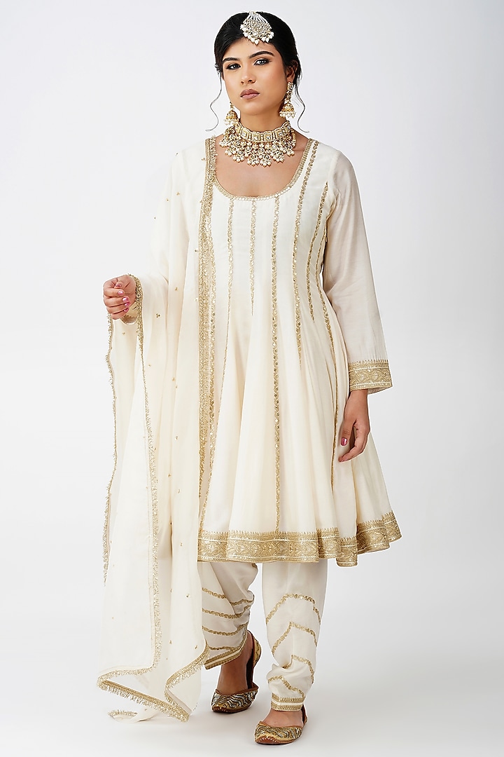 Ivory Beige Banarasi Silk & Organza Embroidered Anarkali Set by Kovet