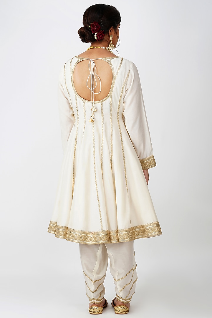Ivory Beige Banarasi Silk & Organza Embroidered Party Wear Anarkali Set by Kovet at Pernia's Pop Up Shop