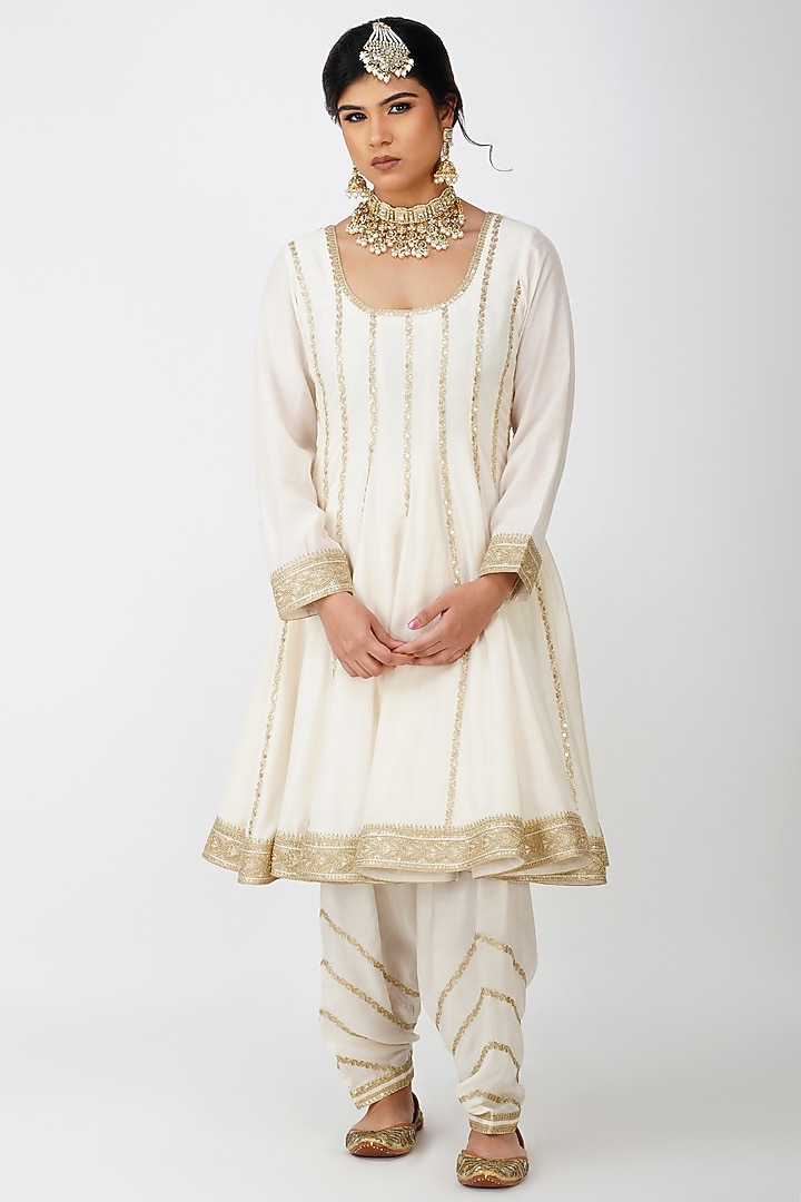 Ivory Beige Banarasi Silk & Organza Embroidered Party Wear Anarkali Set by Kovet at Pernia's Pop Up Shop