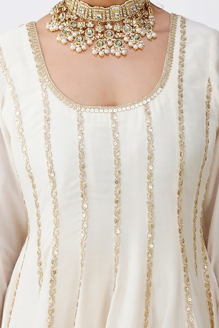Ivory Beige Banarasi Silk & Organza Embroidered Party Wear Anarkali Set by Kovet at Pernia's Pop Up Shop
