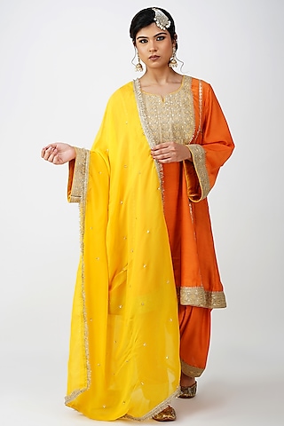 Orange Banarsi Silk Embroidered Kurta Set by Kovet