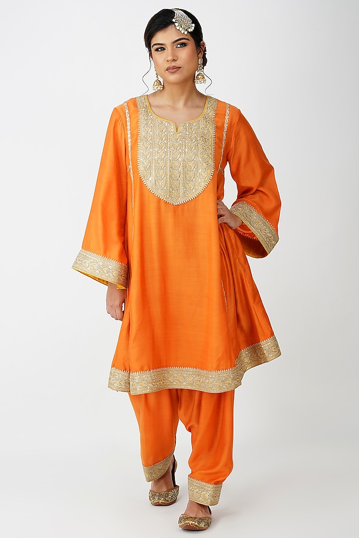 Orange Banarsi Silk Embroidered Kurta Set by Kovet at Pernia's Pop Up Shop