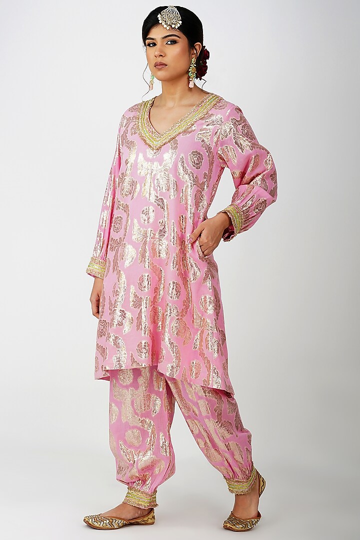 Baby Pink Cotton Jacquard Embroidered Kurta Set by Kovet at Pernia's Pop Up Shop