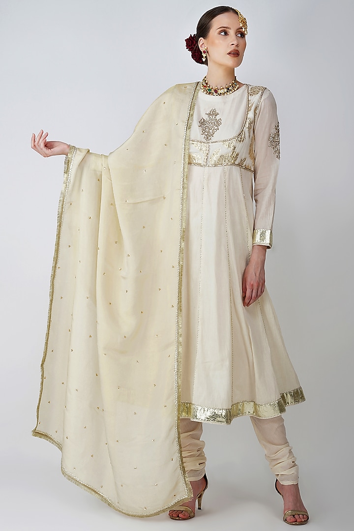 Beige-White Banarsi Silk Embroidered Anarkali Set by Kovet at Pernia's Pop Up Shop