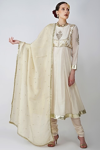 Beige-White Banarsi Silk Embroidered Anarkali Set by Kovet