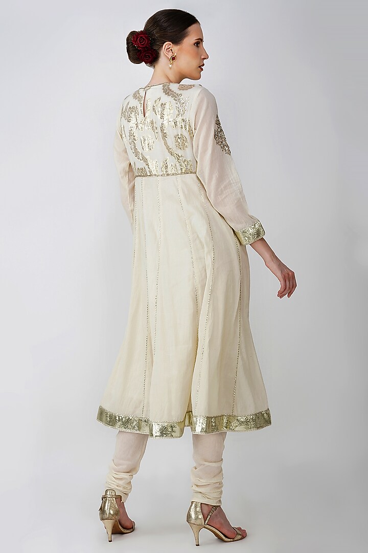 Beige-White Banarsi Silk Embroidered Party Wear Anarkali Set by Kovet at Pernia's Pop Up Shop