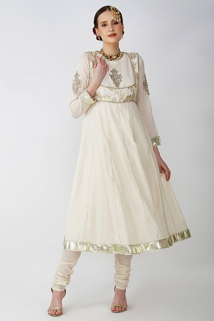Beige-White Banarsi Silk Embroidered Party Wear Anarkali Set by Kovet at Pernia's Pop Up Shop