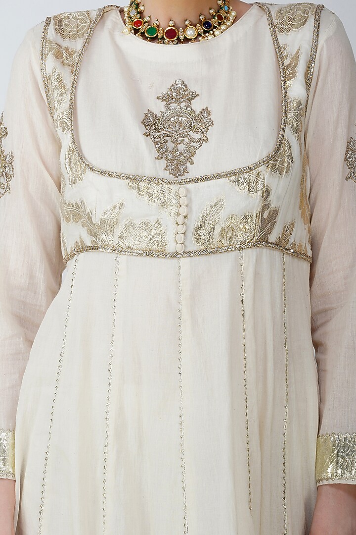 Beige-White Banarsi Silk Embroidered Party Wear Anarkali Set by Kovet at Pernia's Pop Up Shop