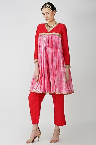 Rust Banarasi Silk Embroidered & Tie-Dyed Kurta Set by Kovet