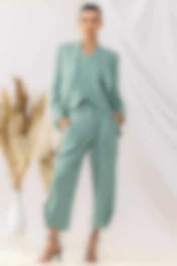 Sea Green Banana Crepe Crystal Embellished Blazer Set by Kovet at Pernia's Pop Up Shop