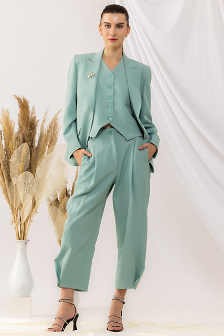 Sea Green Banana Crepe Crystal Embellished Blazer Set by Kovet at Pernia's Pop Up Shop