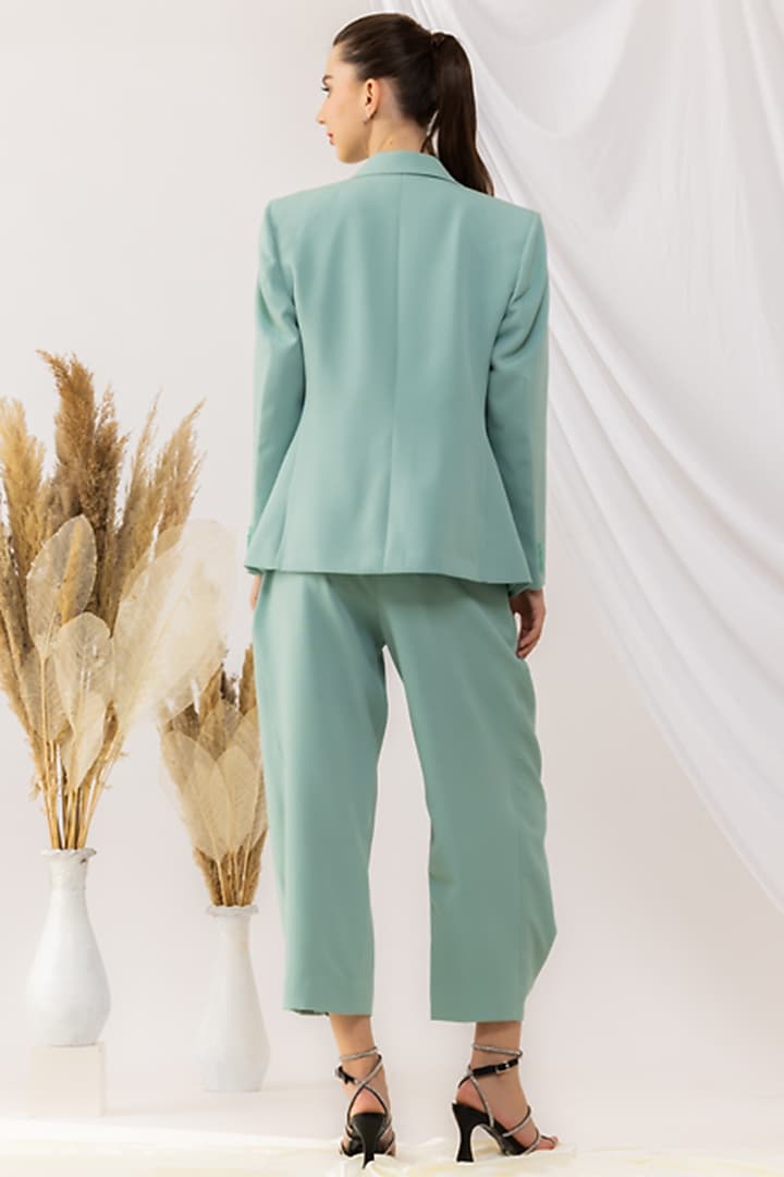 Sea Green Banana Crepe Crystal Embellished Blazer Set by Kovet at Pernia's Pop Up Shop
