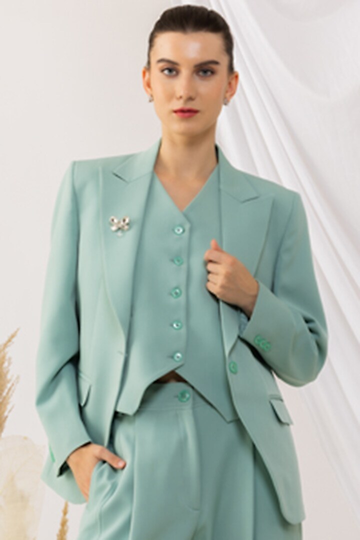 Sea Green Banana Crepe Crystal Embellished Blazer Set by Kovet at Pernia's Pop Up Shop