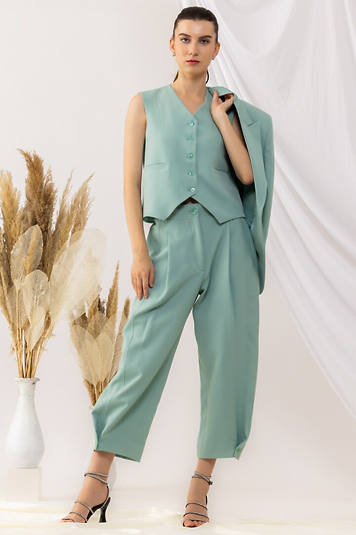 Sea Green Banana Crepe Crystal Embellished Blazer Set by Kovet at Pernia's Pop Up Shop