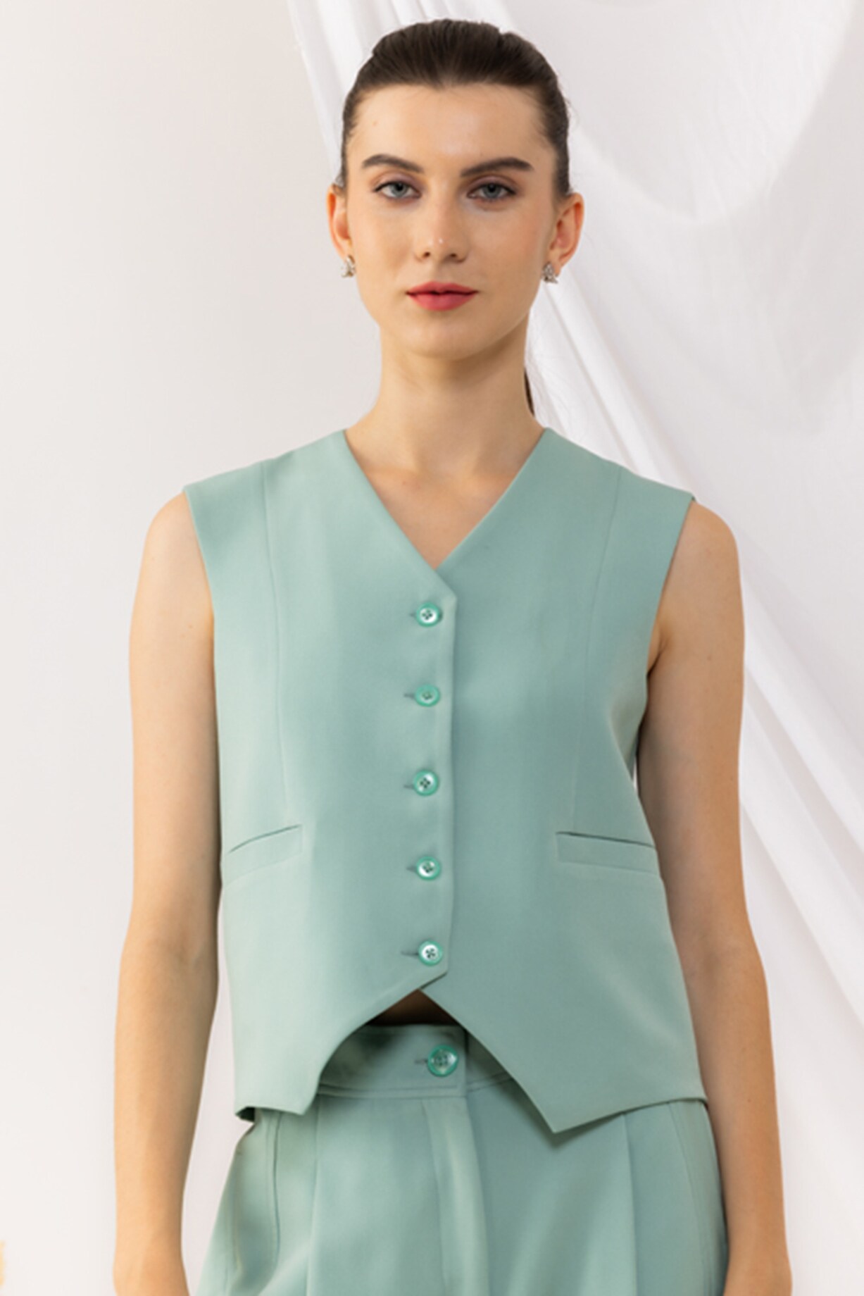 Sea Green Banana Crepe Waistcoat Design by Kovet at Pernia's Pop Up