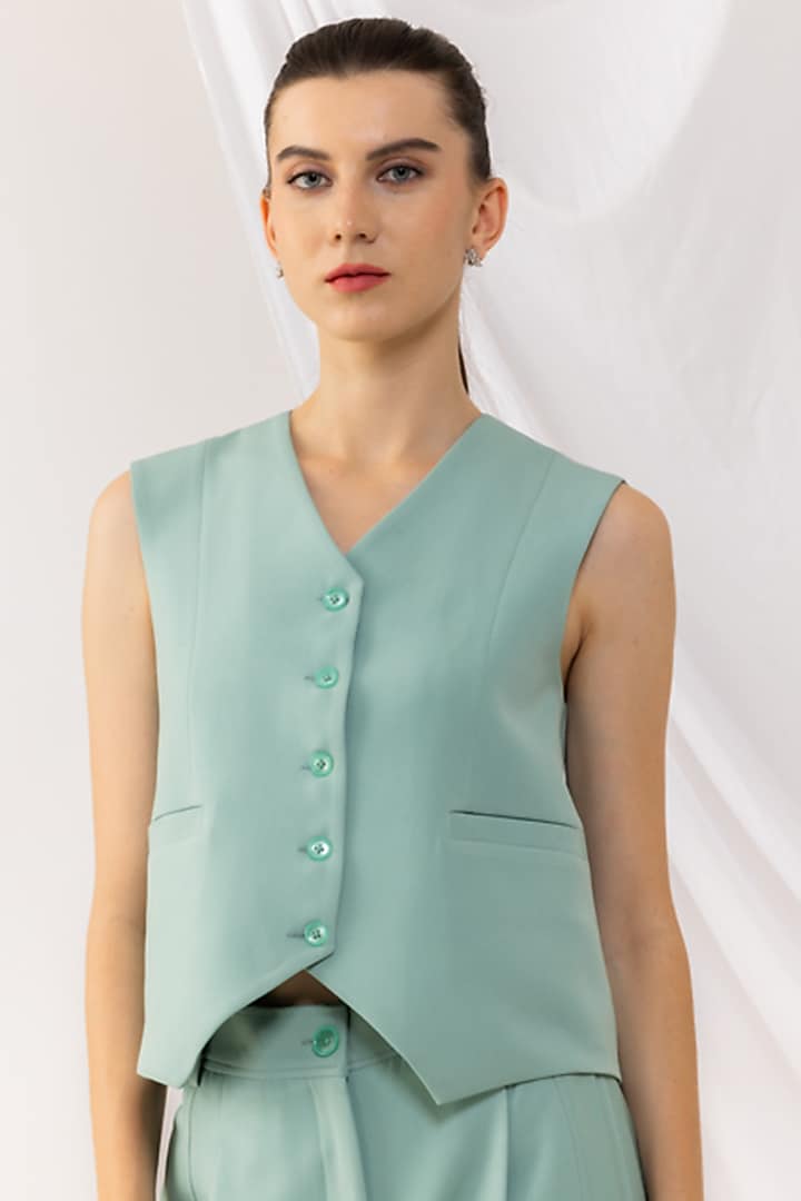 Sea Green Banana Crepe Waistcoat by Kovet at Pernia's Pop Up Shop
