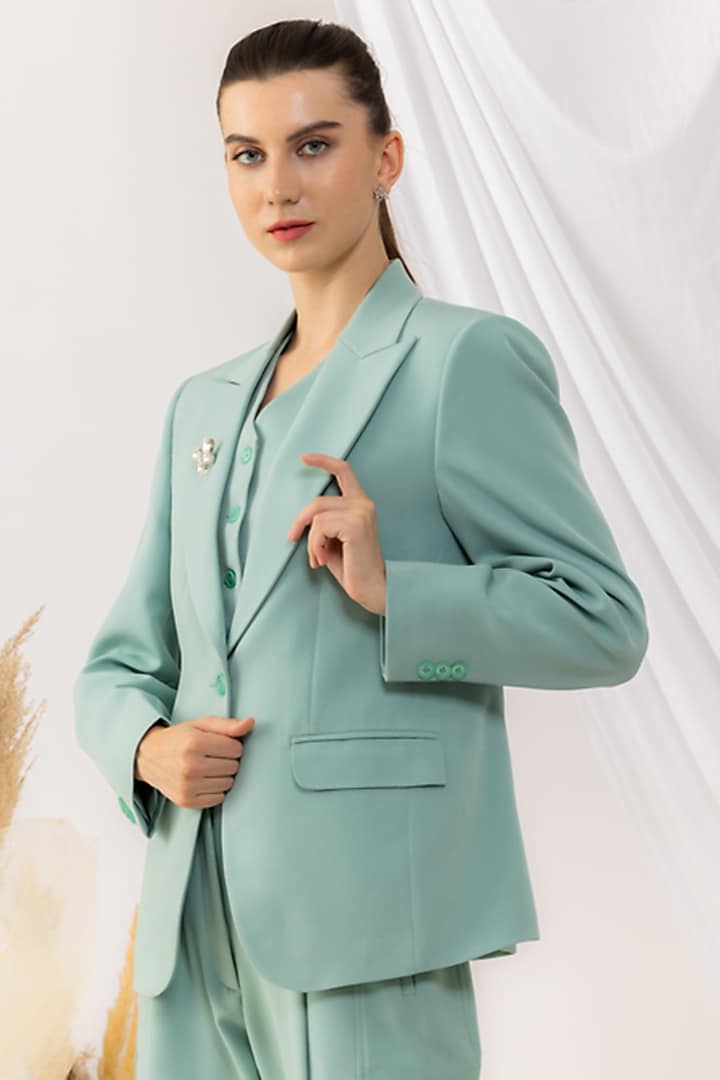Sea Green Banana Crepe Blazer by Kovet at Pernia's Pop Up Shop