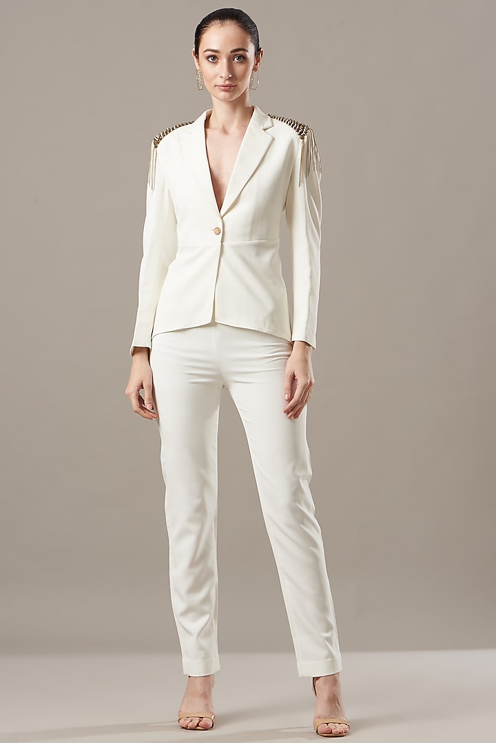 White Embellished Blazer Set by Kovet