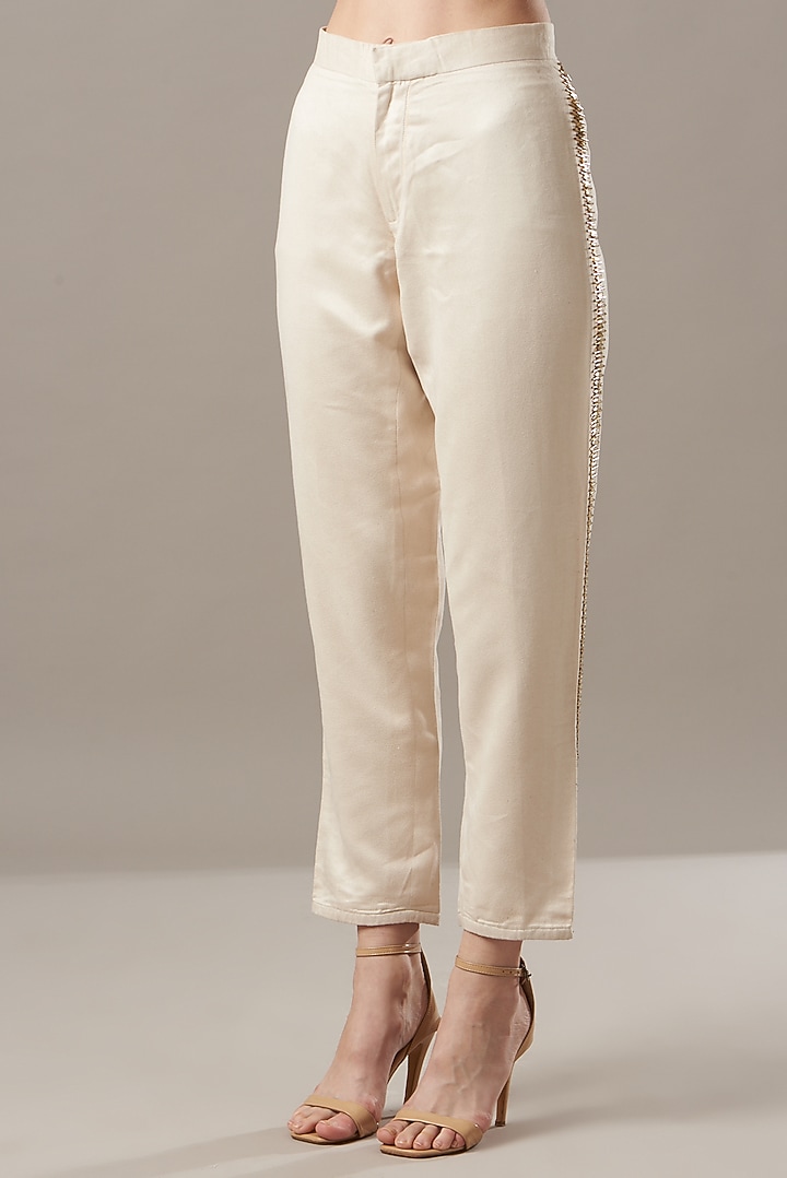 Cream Suede Embellished Blazer Set by Kovet at Pernia's Pop Up Shop