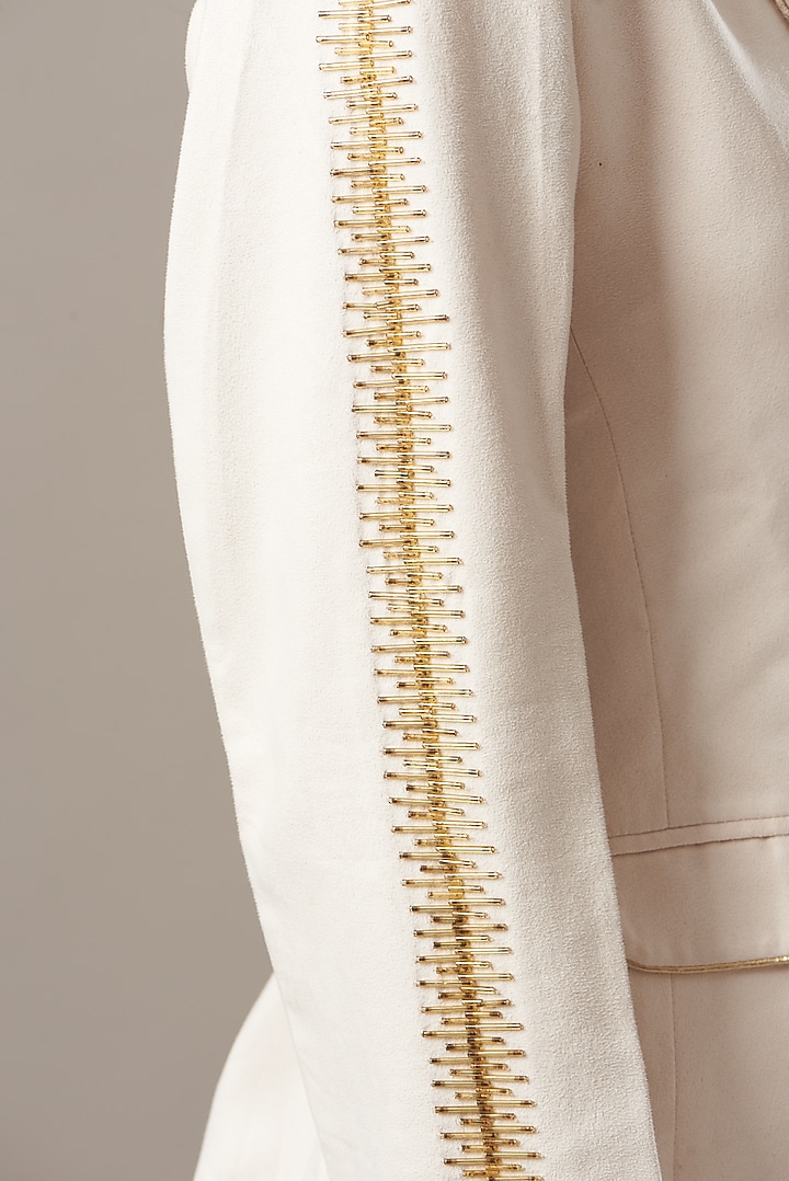 Cream Suede Embellished Blazer Set by Kovet at Pernia's Pop Up Shop