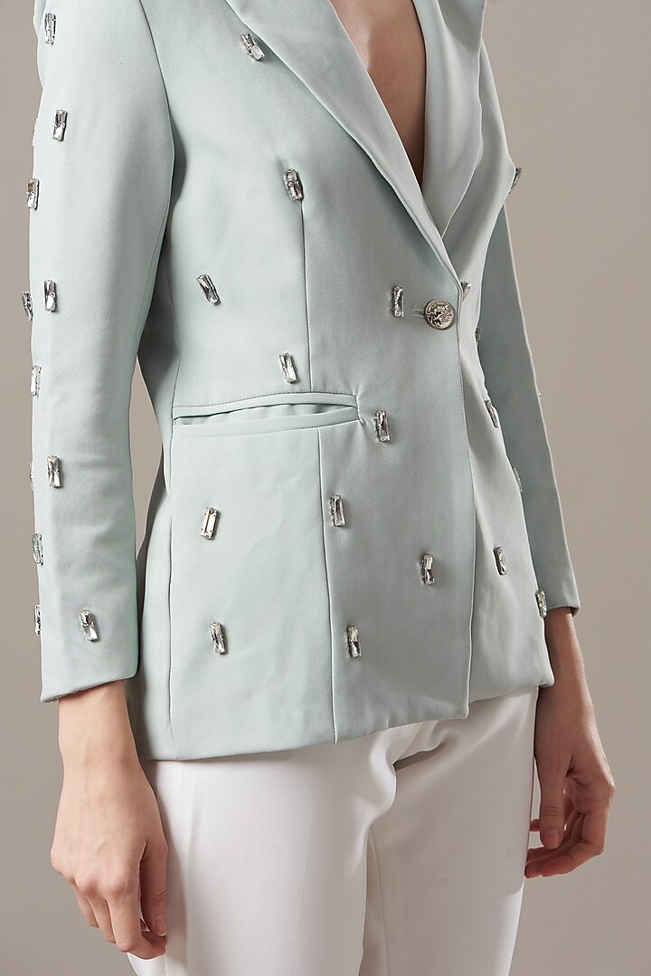 Powder Blue Embellished Blazer by Kovet at Pernia's Pop Up Shop
