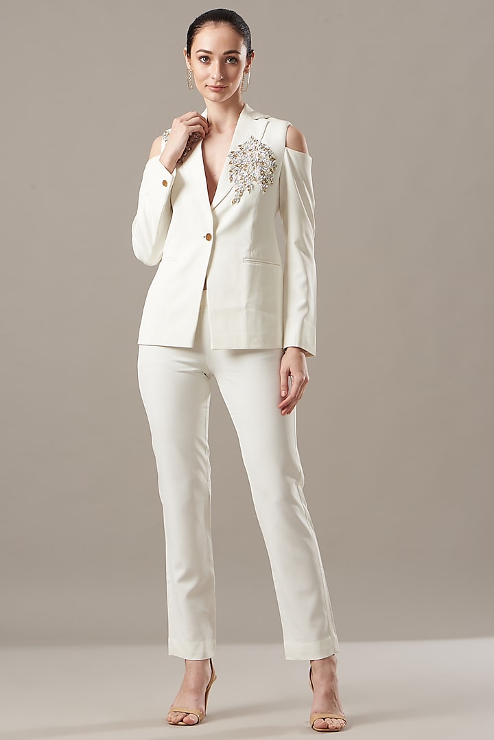White Embellished Blazer Set by Kovet
