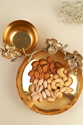 Golden Stainless Steel Chip & Dip Floral Bowl by Koyo Studios
