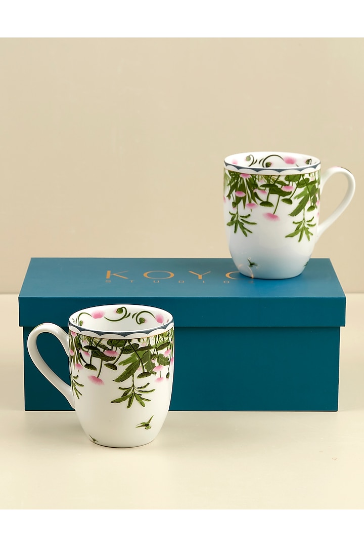 White & Green Porcelain Pichwai Mug Set Of 2 by Koyo Studios