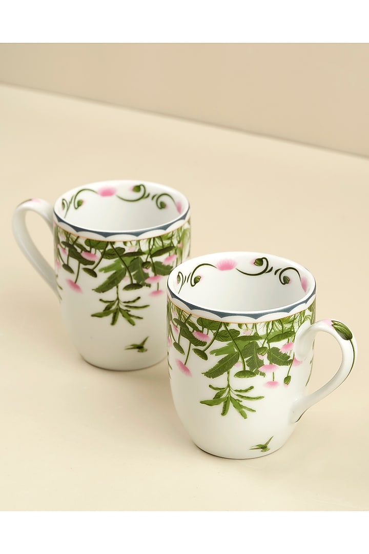 White & Green Porcelain Pichwai Mug Set Of 2 by Koyo Studios at Pernia's Pop Up Shop