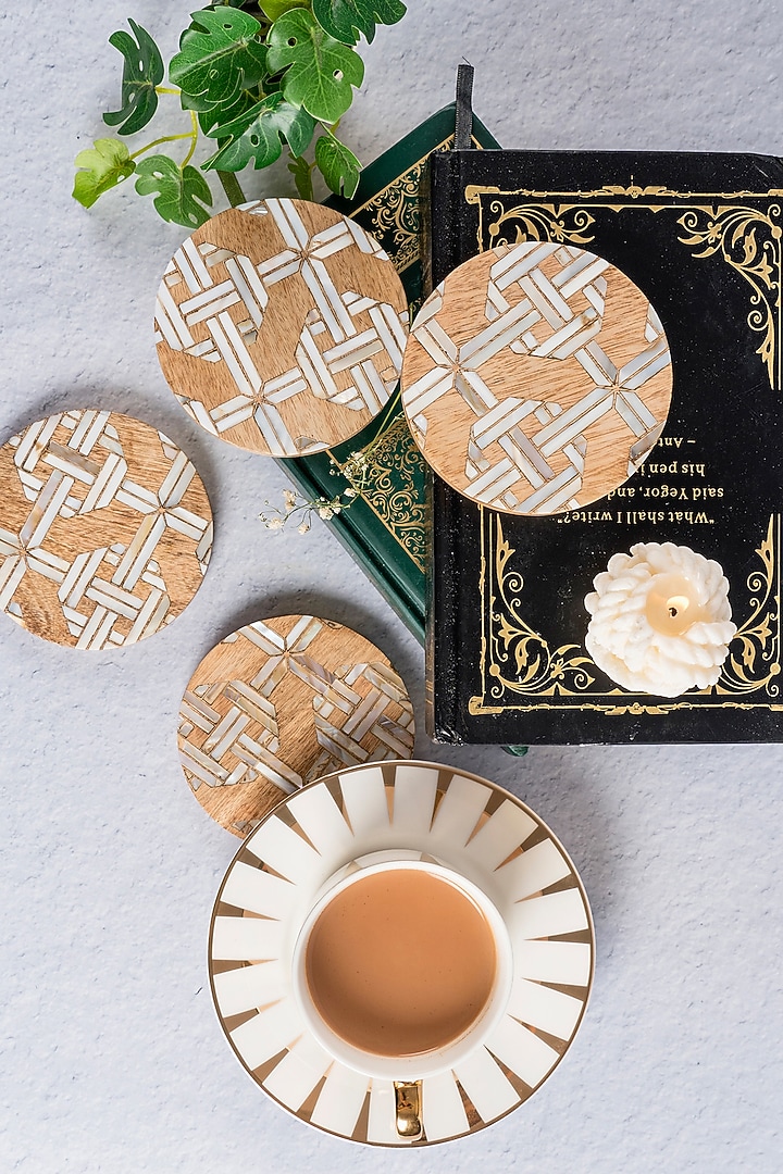 Light Brown Mango Wood Coaster Set by Koyo Studios at Pernia's Pop Up Shop