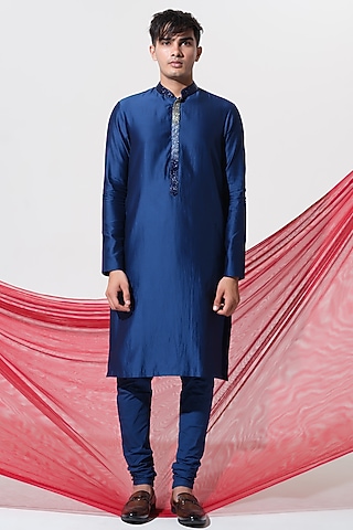Navy Blue Chanderi Hand Embroidered Kurta Set by HOUSE OF KOA