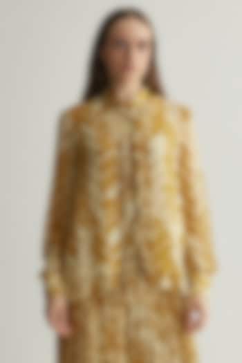 Beige & Mustard Georgette Chevron Printed Frilled Shirt by Koai at Pernia's Pop Up Shop