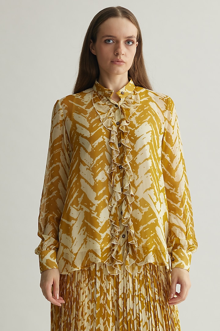Beige & Mustard Georgette Chevron Printed Frilled Shirt by Koai at Pernia's Pop Up Shop